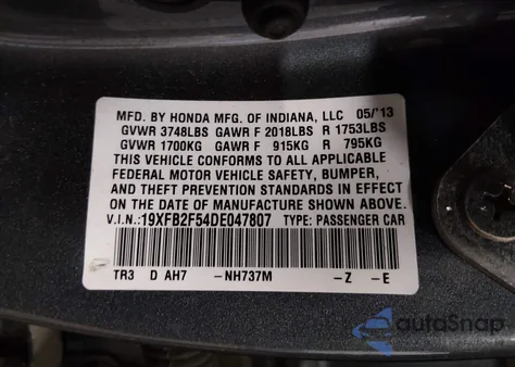 2013 Honda Civic Lx from USA, damaged, VIN 19XFB2F54DE047807